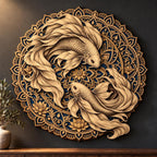 A circular wooden mandala wall art piece featuring two carved koi fish swimming in opposite directions against a blue background, mounted on a dark grey wall above a wooden console table.