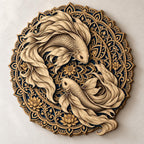 A circular layered wooden mandala with two intricate koi fish carvings, mounted on a light-colored textured wall.