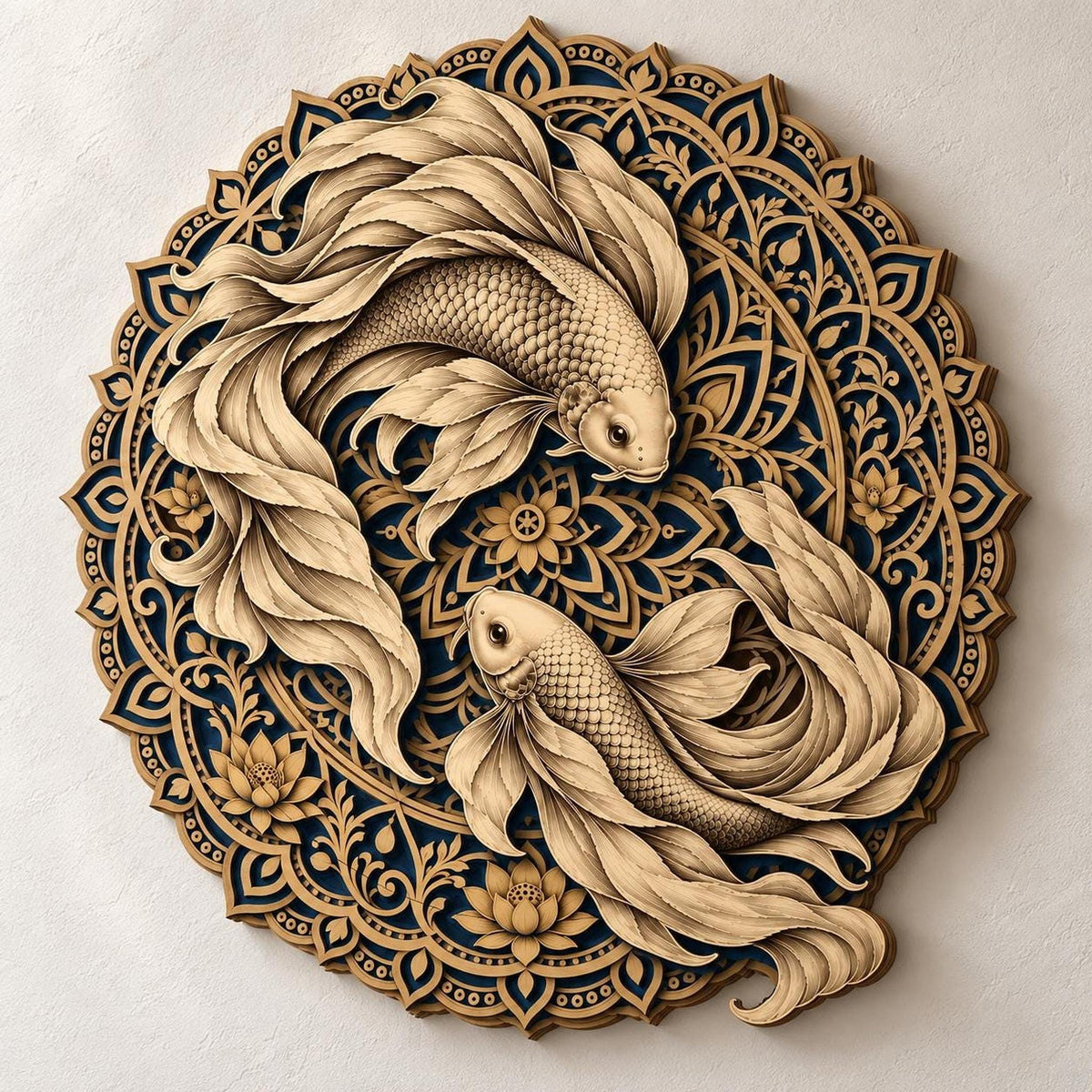 A circular layered wooden mandala with two intricate koi fish carvings, mounted on a light-colored textured wall.
