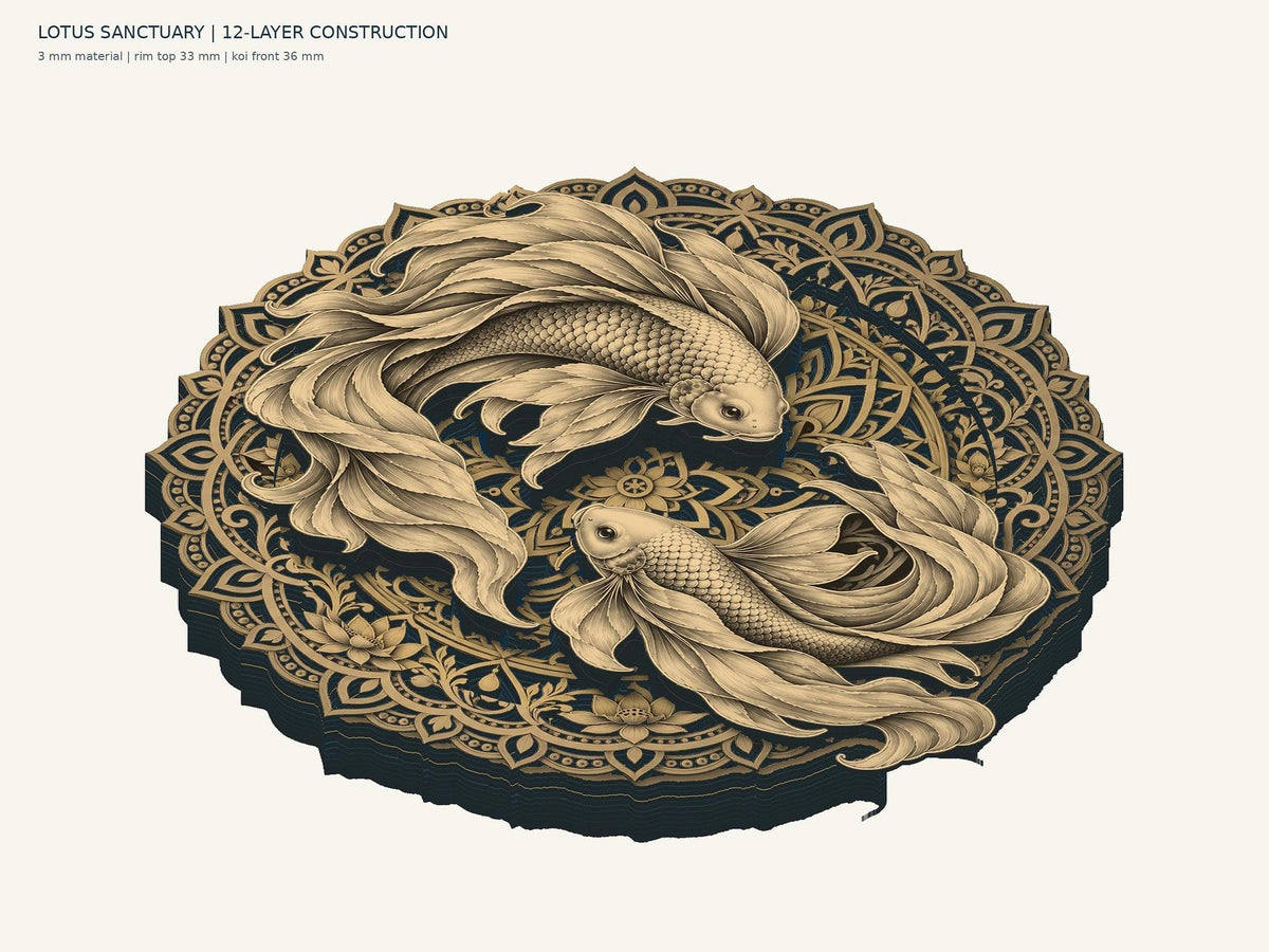 An angled technical diagram of the twelve-layer wood construction for the lotus sanctuary koi mandala, with text at the top indicating 3 mm material and dimensions.