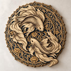 A wooden mandala sculpture showing layered depth with two carved koi fish in a circular floral frame on a white wall.