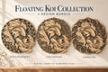 Promotional graphic showing three round layered wooden wall art designs featuring koi fish, titled Floating Koi Collection 3 Design Bundle.