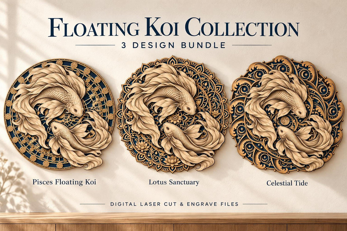Promotional graphic showing three round layered wooden wall art designs featuring koi fish, titled Floating Koi Collection 3 Design Bundle.