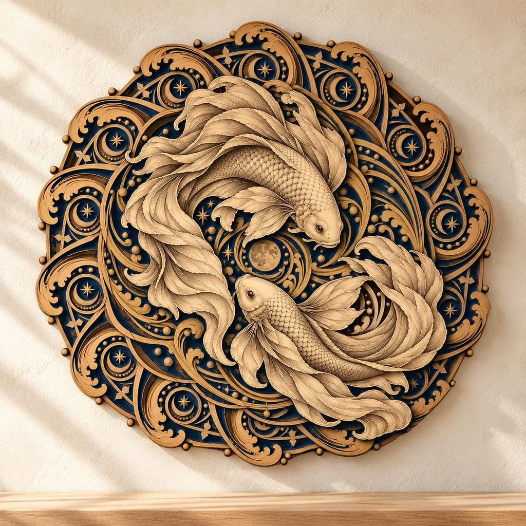 A round multi-layered wooden art piece depicting two koi fish swimming in a circle among celestial patterns and a moon, mounted on a light wall.