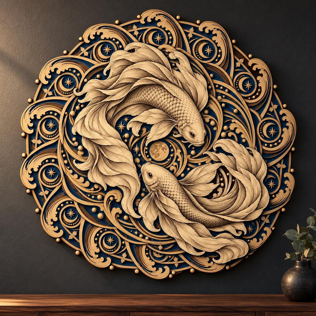 The dimensional wooden koi mandala hanging on a dark gray wall above a dark wooden surface with a small vase.