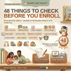 A digital graphic for a daycare tour toolkit titled 48 Things to Check Before You Enroll, featuring category icons and checklist formatting details.