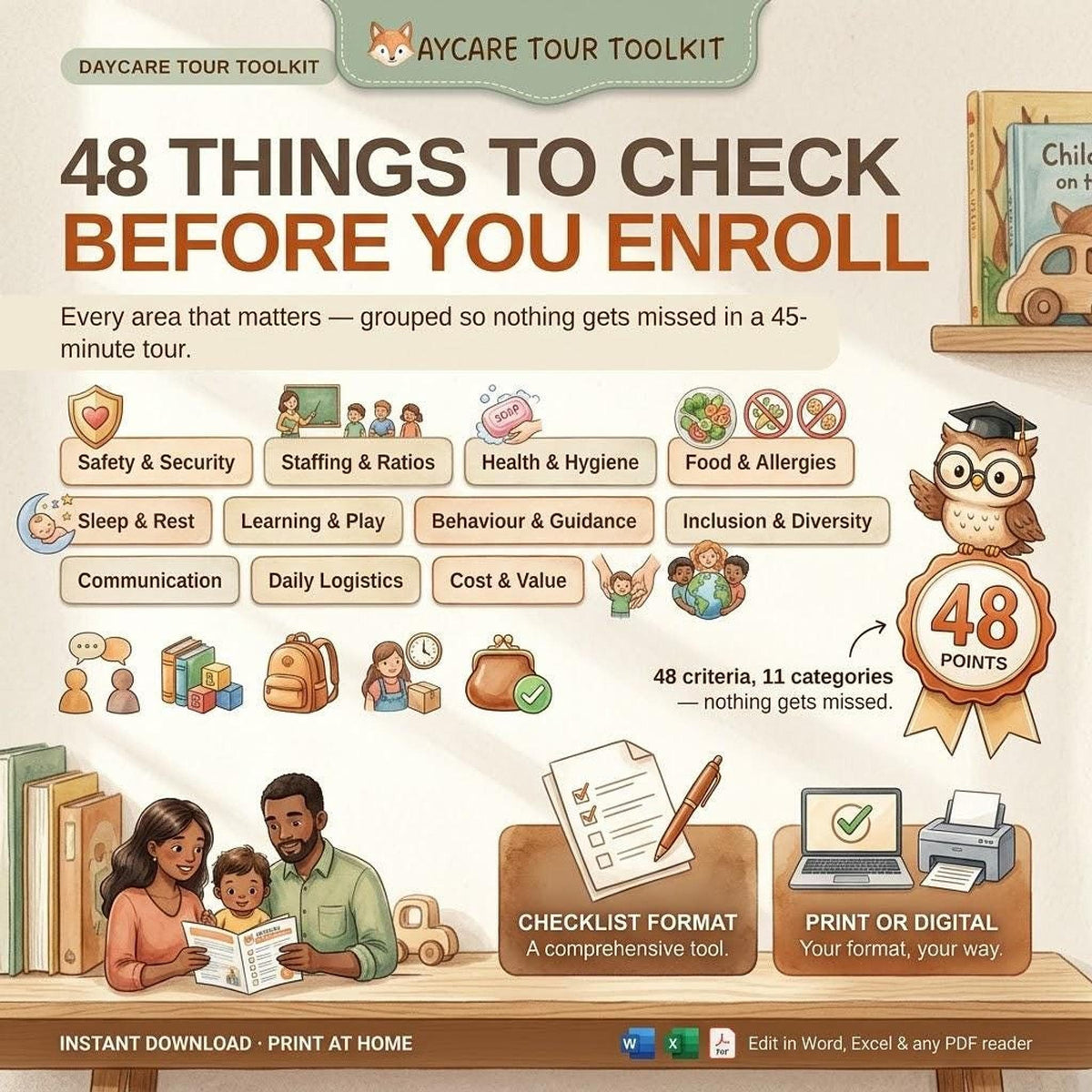 A digital graphic for a daycare tour toolkit titled 48 Things to Check Before You Enroll, featuring category icons and checklist formatting details.