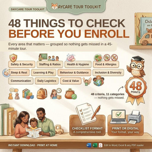 A digital graphic for a daycare tour toolkit titled 48 Things to Check Before You Enroll, featuring category icons and checklist formatting details.