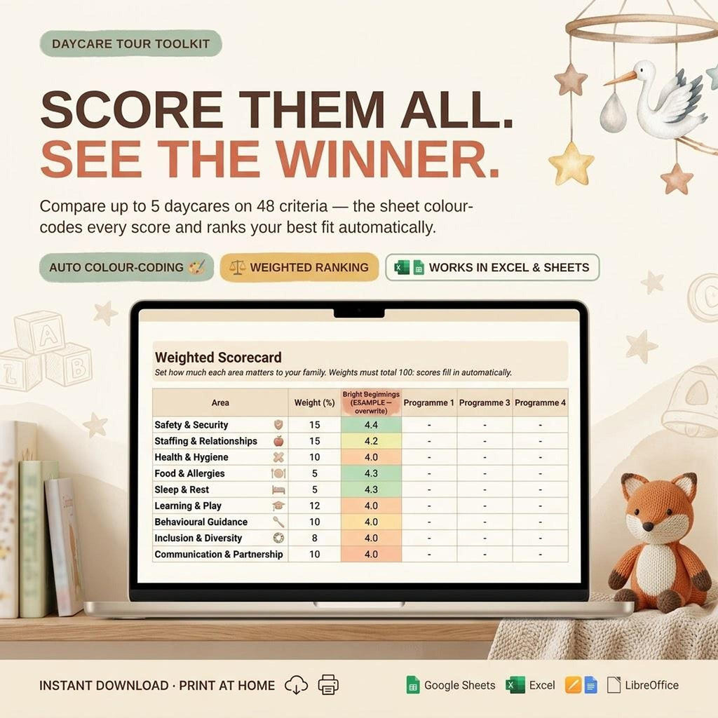 A product graphic showing a laptop displaying a weighted scorecard spreadsheet for comparing daycare facilities across 48 criteria.