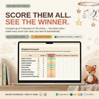 A product graphic showing a laptop displaying a weighted scorecard spreadsheet for comparing daycare facilities across 48 criteria.