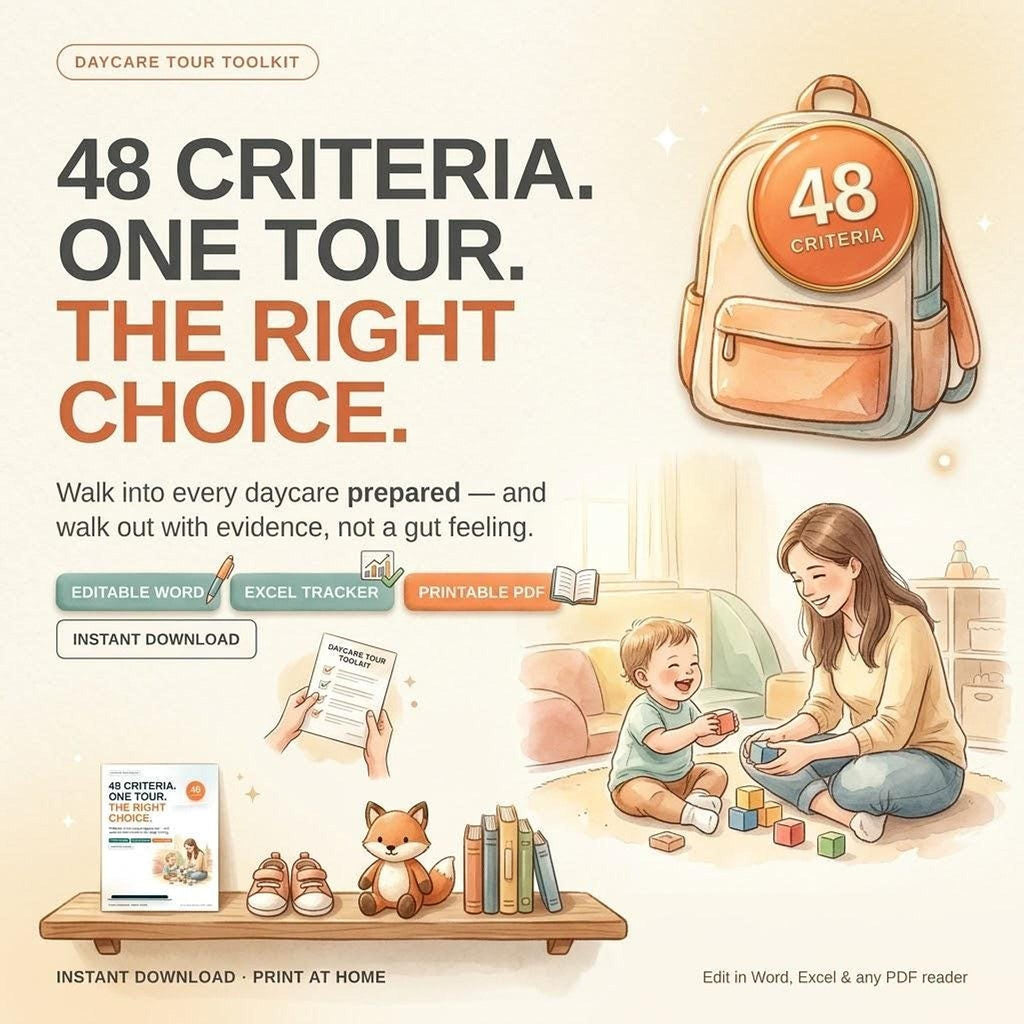 A promotional graphic titled 48 Criteria One Tour The Right Choice, displaying printable PDF icons alongside an illustration of a woman playing with a toddler.