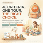 A promotional graphic titled 48 Criteria One Tour The Right Choice, displaying printable PDF icons alongside an illustration of a woman playing with a toddler.
