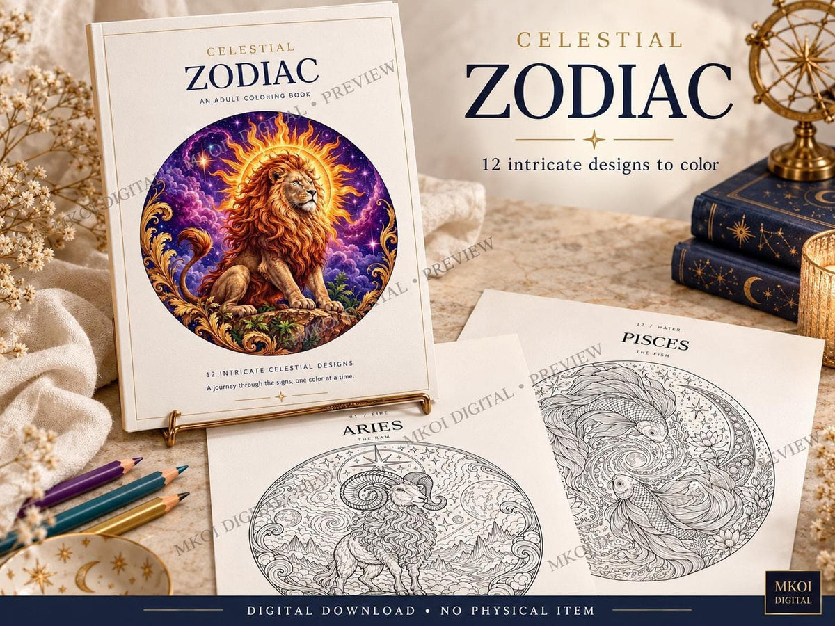 A coloring book mockup displayed on a wooden surface alongside colored pencils and two printed pages featuring Aries and Pisces line art.
