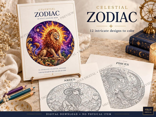 A coloring book mockup displayed on a wooden surface alongside colored pencils and two printed pages featuring Aries and Pisces line art.