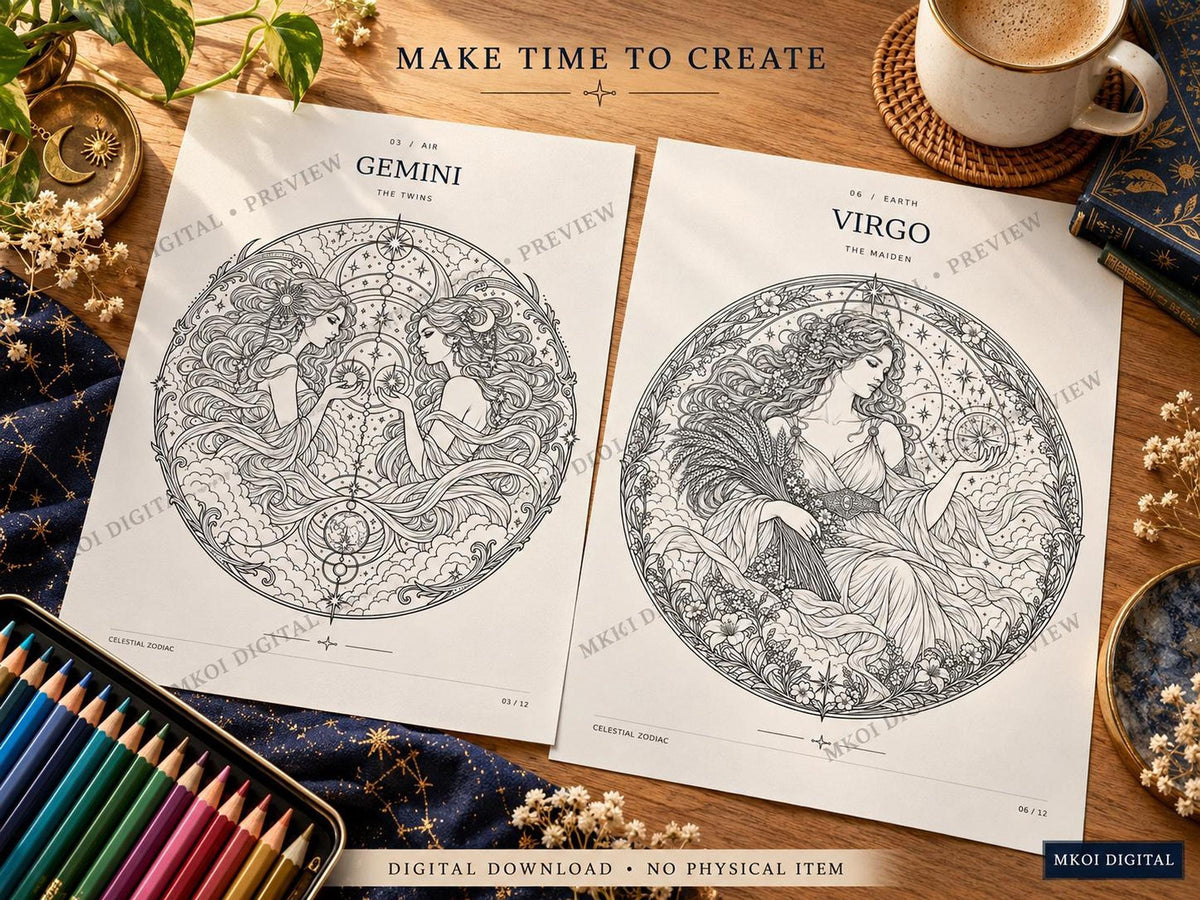 Two printed coloring pages of Gemini and Virgo displayed on a wooden table with colored pencils and dried florals.