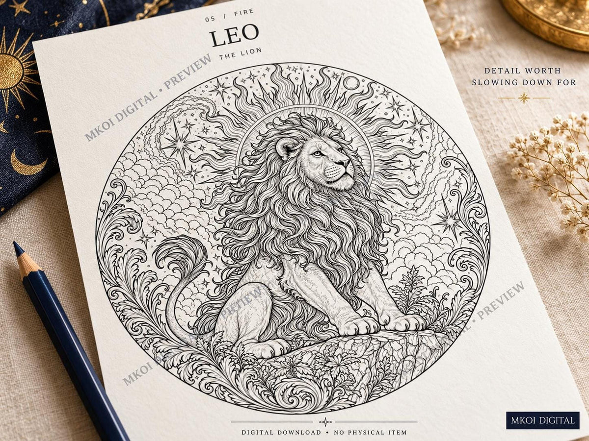 A close-up of a printed Leo coloring page showing the majestic lion with a celestial sunburst background, next to a blue colored pencil.