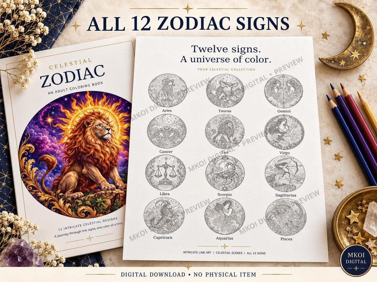 A display showing the coloring book cover next to a summary sheet containing circular thumbnail illustrations of all twelve zodiac signs.