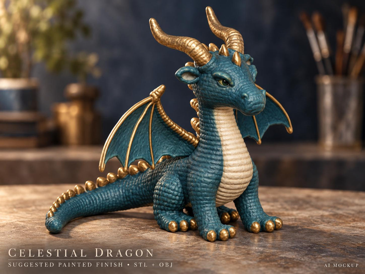 A teal dragon figurine with gold horns, wing edges, and back spikes. The dragon has a cream-colored underbelly and textured skin. Text at the bottom reads: CELESTIAL DRAGON, SUGGESTED PAINTED FINISH, STL + OBJ, AI MOCKUP.