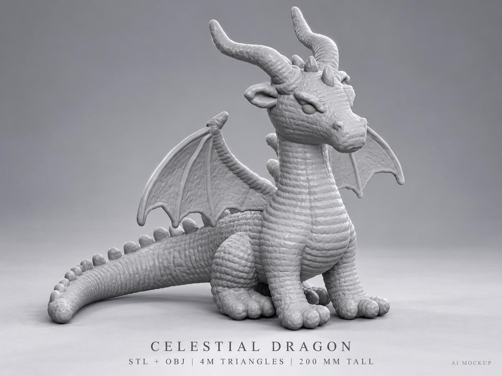 A light gray dragon figurine with textured scales, curved horns, and spread wings. The base text reads: CELESTIAL DRAGON, STL + OBJ, 4M TRIANGLES, 200 MM TALL. The creature is depicted in a seated position with a long, spiked tail.