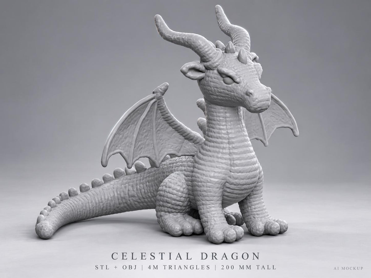 A light gray dragon figurine with textured scales, curved horns, and spread wings. The base text reads: CELESTIAL DRAGON, STL + OBJ, 4M TRIANGLES, 200 MM TALL. The creature is depicted in a seated position with a long, spiked tail.