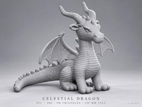 A light gray dragon figurine with textured scales, curved horns, and spread wings. The base text reads: CELESTIAL DRAGON, STL + OBJ, 4M TRIANGLES, 200 MM TALL. The creature is depicted in a seated position with a long, spiked tail.