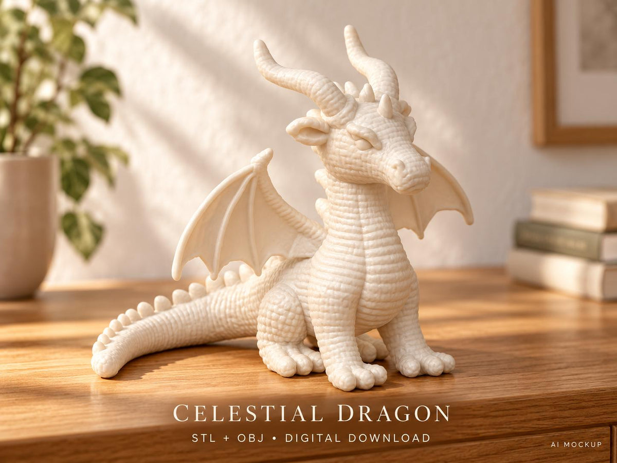 A cream-colored dragon figurine with textured scales, curved horns, and outstretched wings. The text at the bottom reads CELESTIAL DRAGON, STL + OBJ, DIGITAL DOWNLOAD, and AI MOCKUP. The dragon is in a seated position with a long tail.