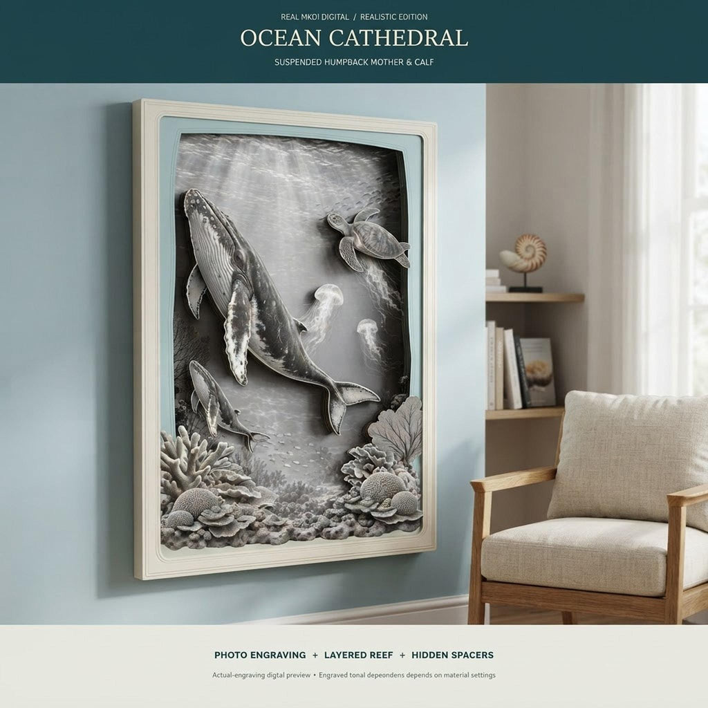 Home office reading nook featuring the layered humpback whale shadow box on a blue wall.