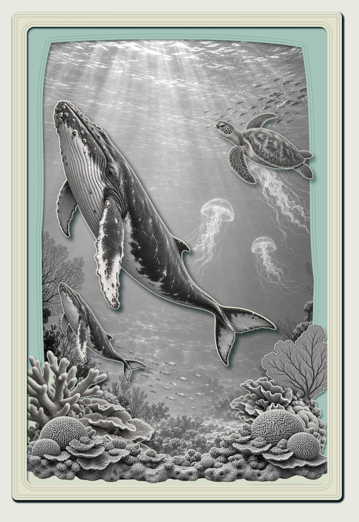 A layered shadow box featuring a black and white underwater scene with a large humpback whale, a calf, a sea turtle, jellyfish, and coral reefs.