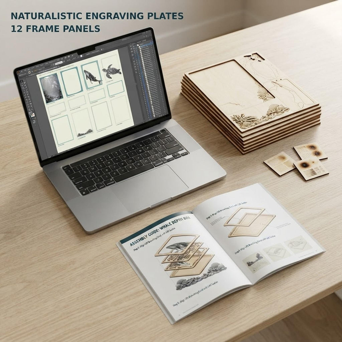 Flat lay of digital download files, vector software on laptop, and physical cut sample parts.