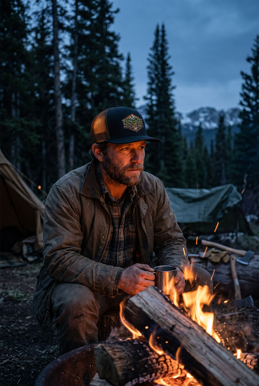 Green Camo Flat Bill - Campfire Scene