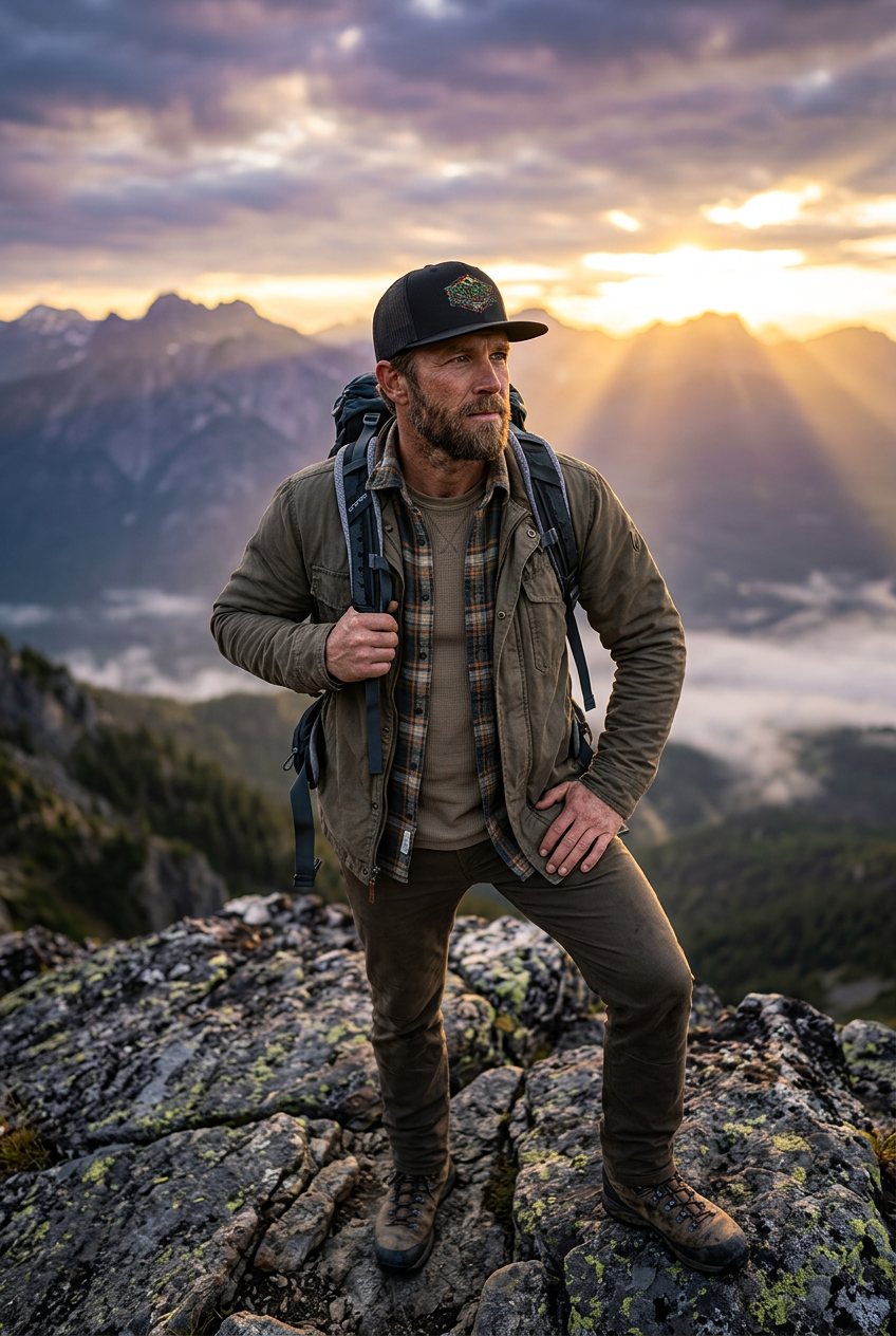 Green Camo Flat Bill - Mountain Scene