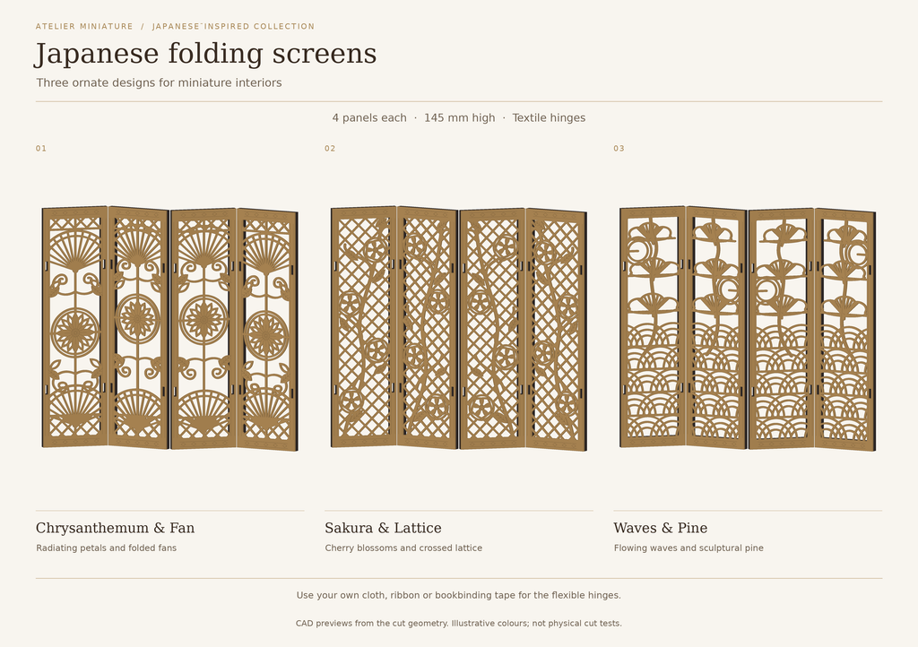 Original collection preview showing three four-panel Japanese-inspired miniature folding screens: Chrysanthemum and Fan, Sakura and Lattice, and Waves and Pine.