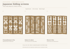 Original collection preview showing three four-panel Japanese-inspired miniature folding screens: Chrysanthemum and Fan, Sakura and Lattice, and Waves and Pine.