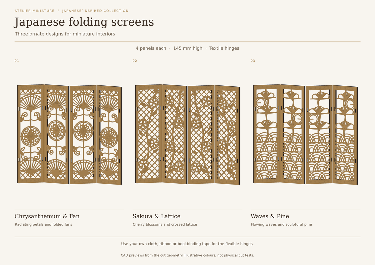 Original collection preview showing three four-panel Japanese-inspired miniature folding screens: Chrysanthemum and Fan, Sakura and Lattice, and Waves and Pine.