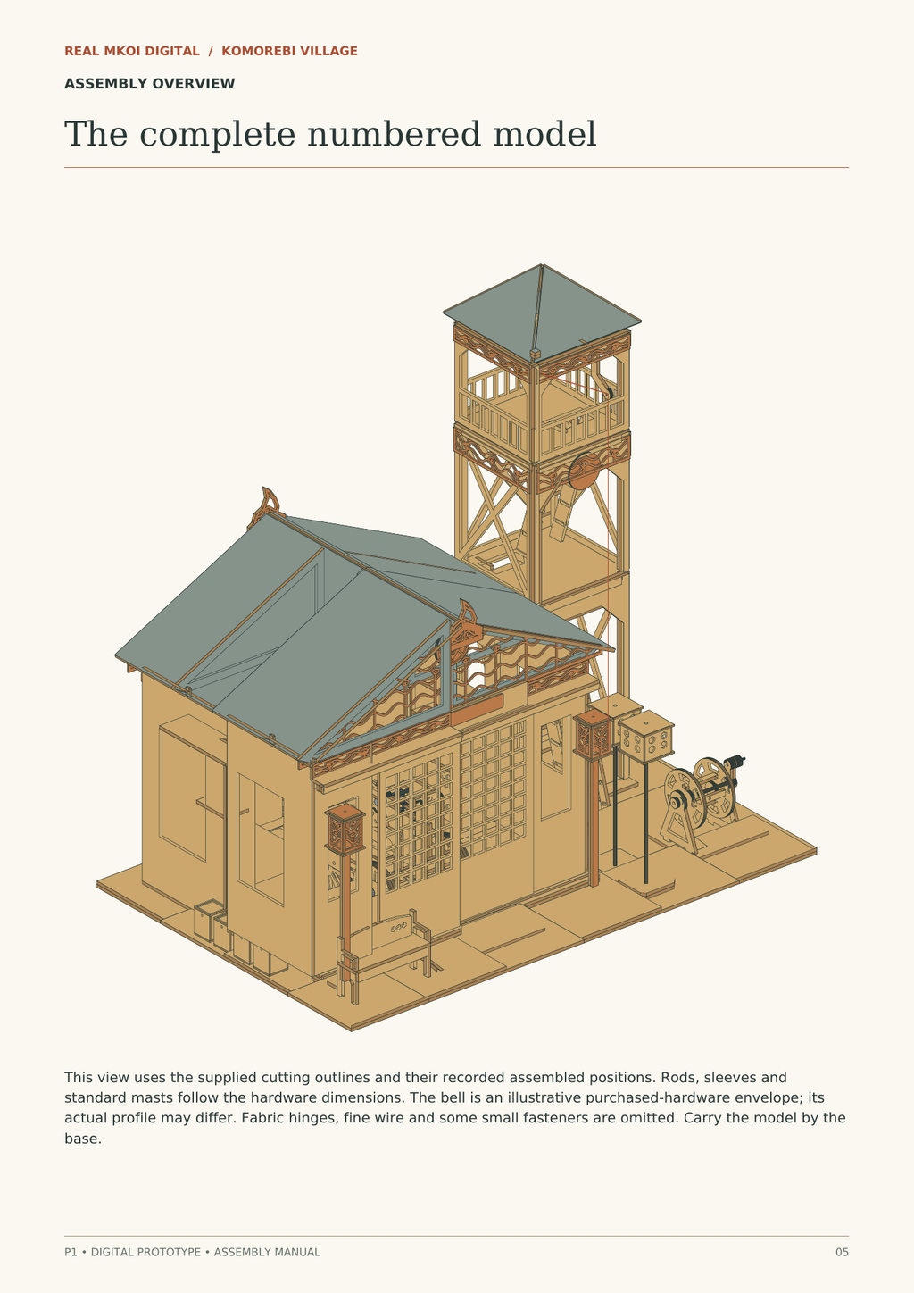 Exact cut-part CAD overview from the Komorebi Fire Watch House assembly manual, showing the hall, bell tower, sliding bay doors, lanterns and equipment on the display base.