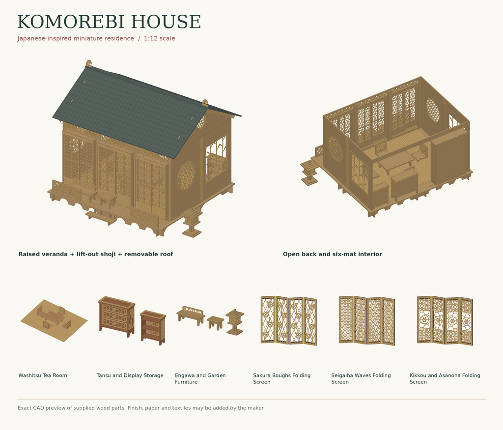 CAD preview of Komorebi House I showing the lattice-front miniature house, open-back interior, matching furniture and three folding screens.