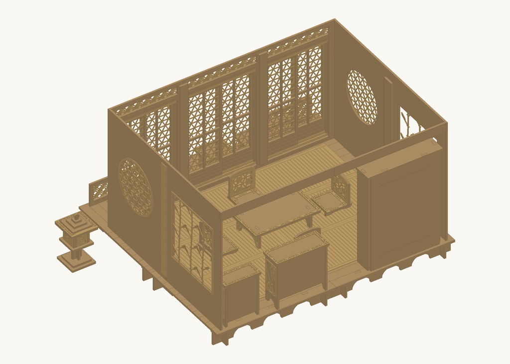 Exact CAD view of Komorebi House I with the roof omitted, showing the open-back tea room, shoji panels, moon and bamboo windows, and coordinated furniture.