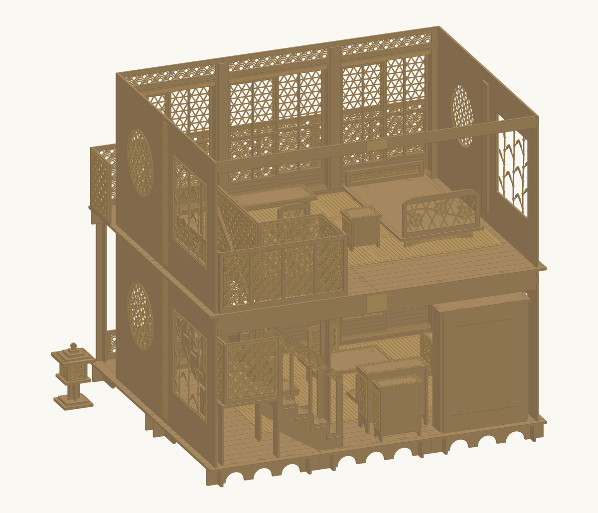 Exact open-back CAD view of Komorebi House II with the roof omitted, showing the two furnished floors, interior L-shaped staircase, shoji panels and folding screens.