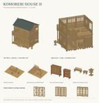 CAD preview of Komorebi House II with two floors, a balcony, removable roof, furnished open-back rooms and three decorative folding screens.
