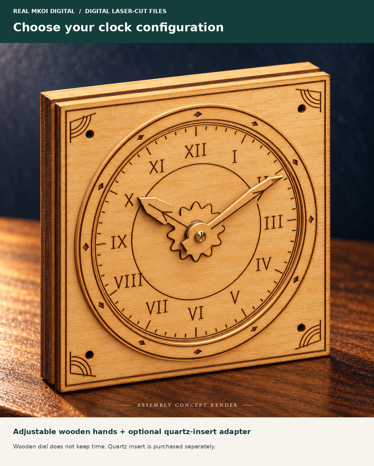 Manual wooden clock dial concept. Wooden hands adjust manually; the alternative timekeeping option requires a separately purchased quartz insert.