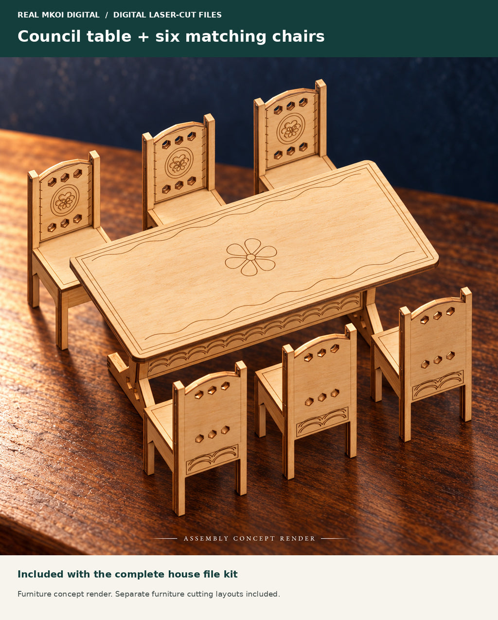 Concept render of the included miniature council table and six matching chairs. Separate furniture cutting layouts are included in the Town Hall digital kit.