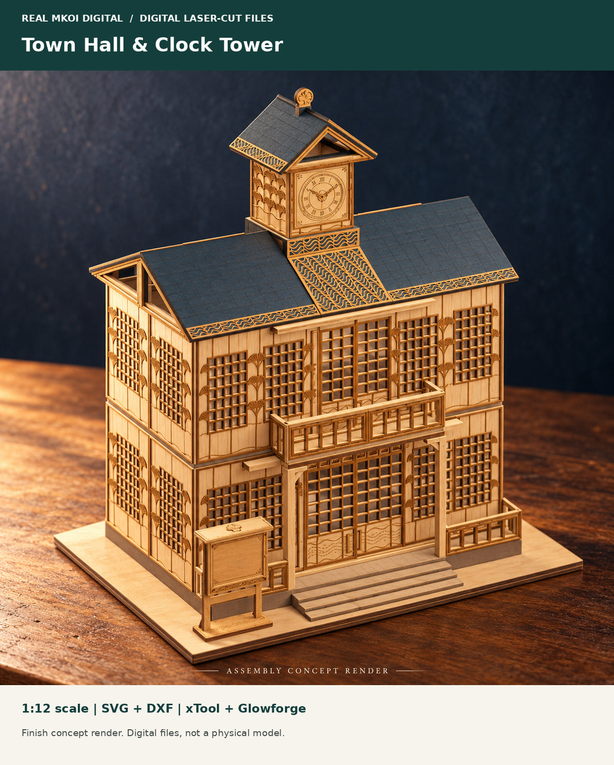 Komorebi Town Hall and Clock Tower, 1:12 SVG and DXF laser-cut files for xTool and Glowforge. Finish concept render; digital files, not a physical model.