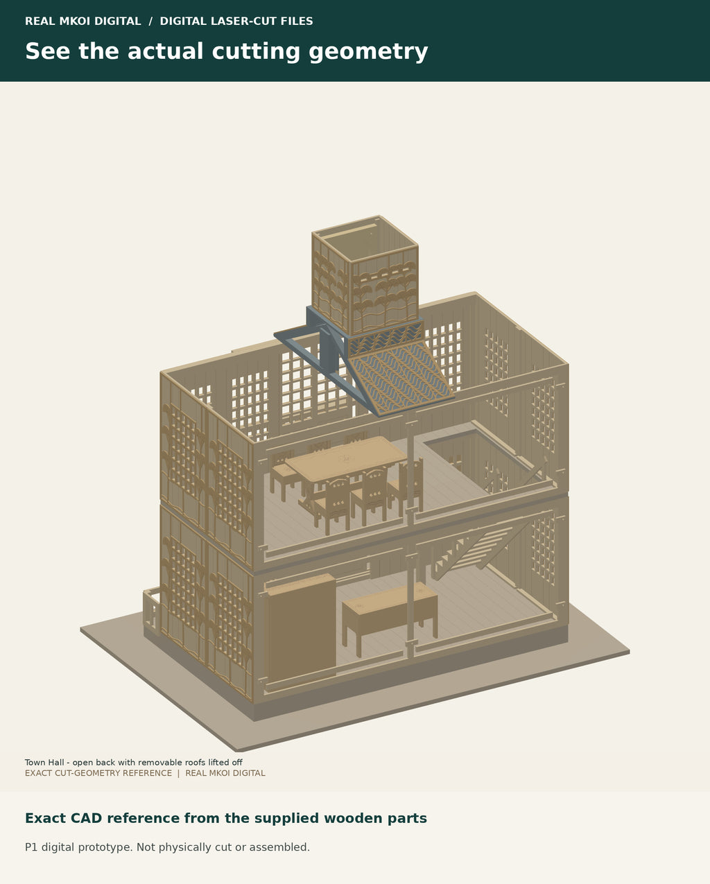 Exact CAD open-back view from the supplied Town Hall wooden-part geometry. P1 digital prototype, not physically cut or assembled.