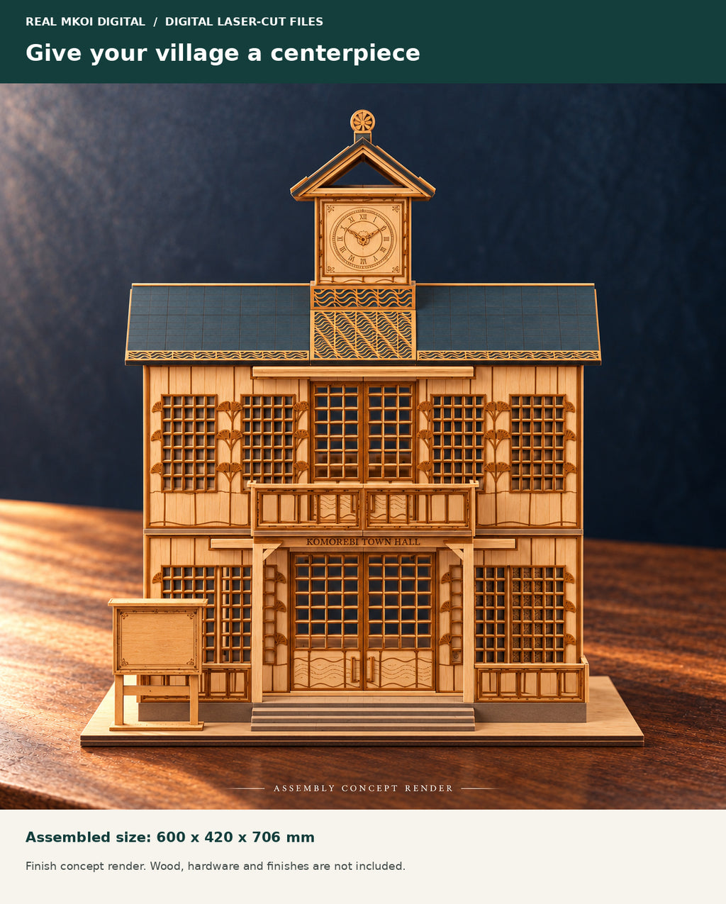 Front finish concept of Komorebi Town Hall. Assembled size 600 by 420 by 706 mm. Digital plans only; wood, hardware and finishes are not included.