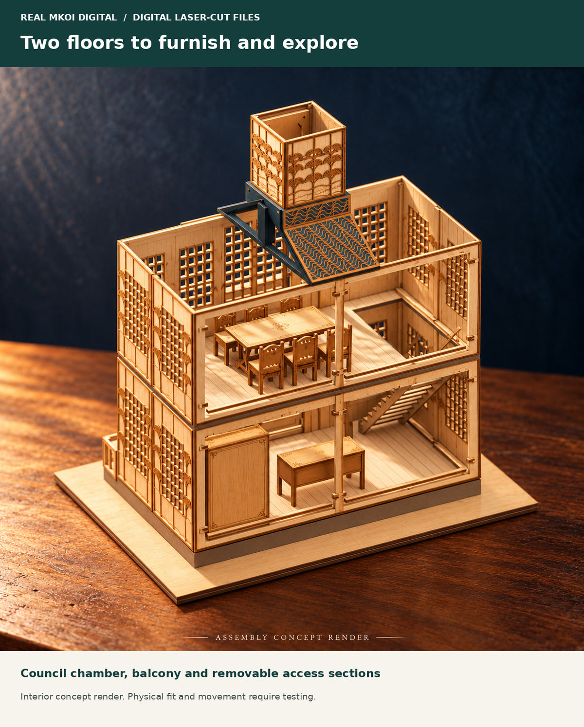 Roof-removed interior concept of the two-storey Town Hall, showing the furnished council chamber, staircase and entrance hall. Physical fit and movement require testing.