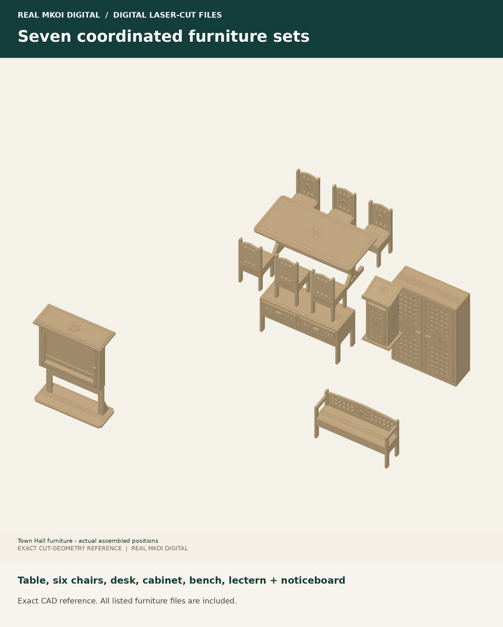 Exact CAD arrangement of the seven included furniture sets: table, six council chairs, mayor's desk, records cabinet, visitor bench, lectern and noticeboard.