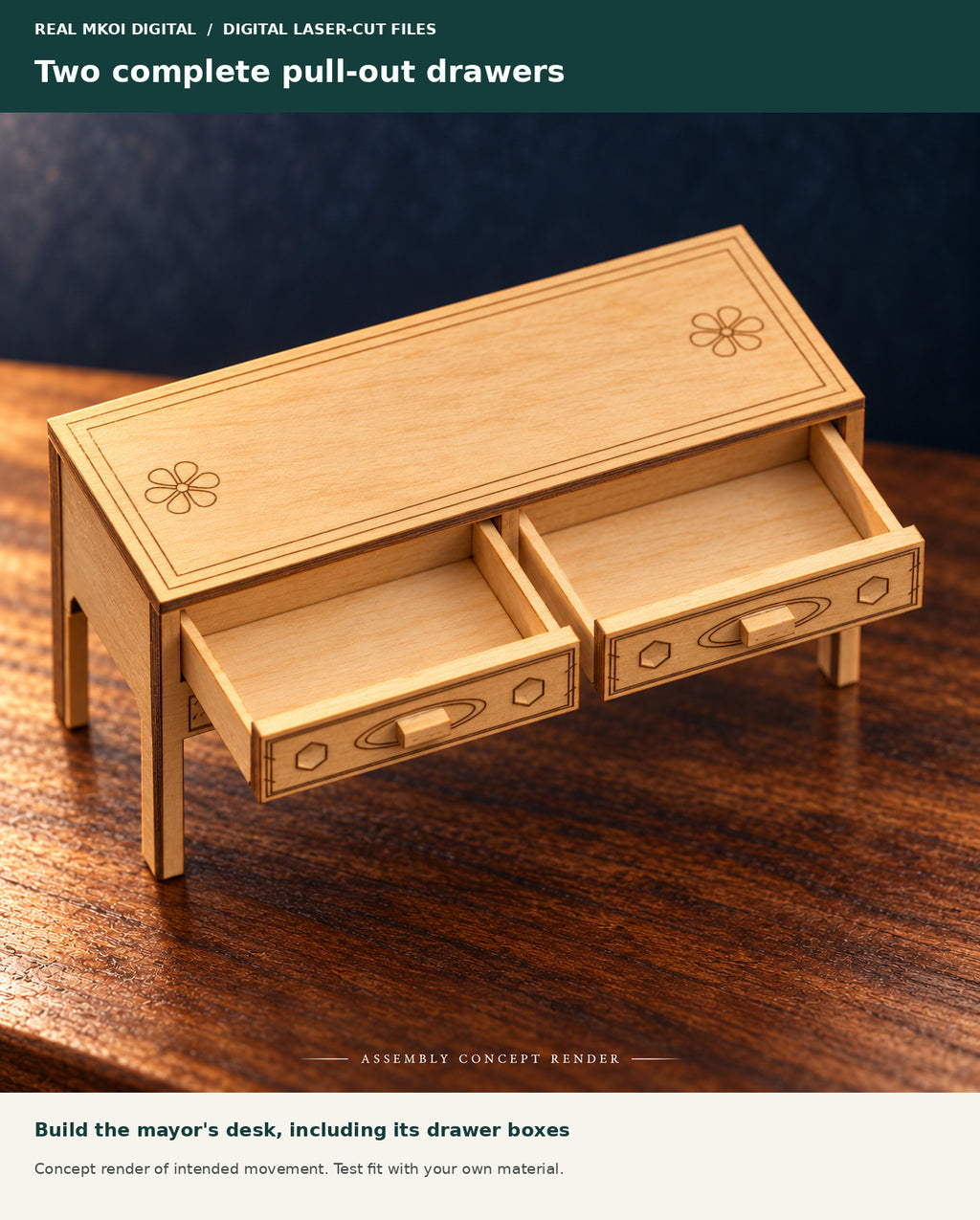 Concept render of the miniature mayor's desk with two pull-out drawer boxes. Intended movement must be tested using the maker's wood and laser settings.