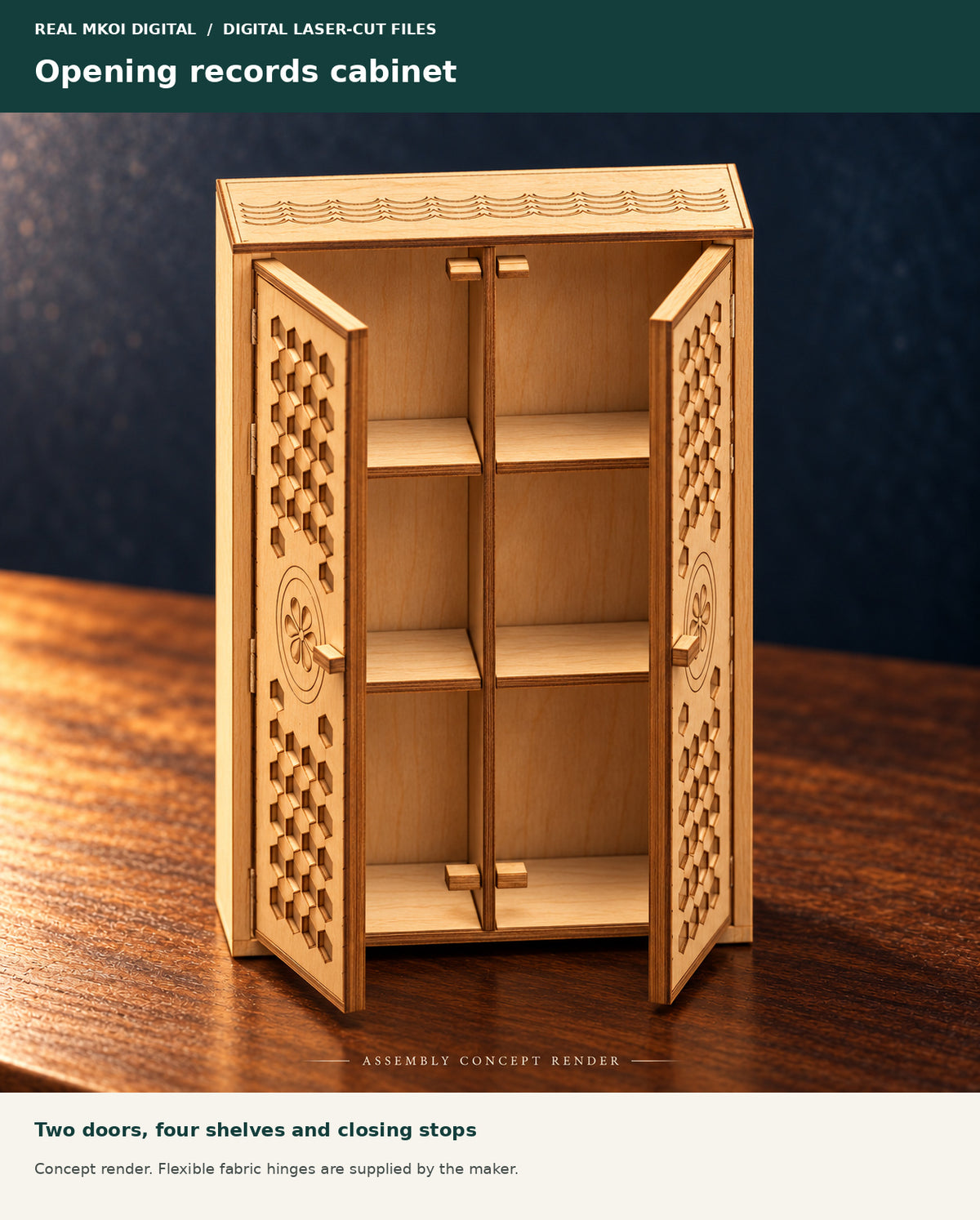 Concept render of the records cabinet with two opening doors, four shelves and closing stops. Fabric hinges are supplied by the maker.