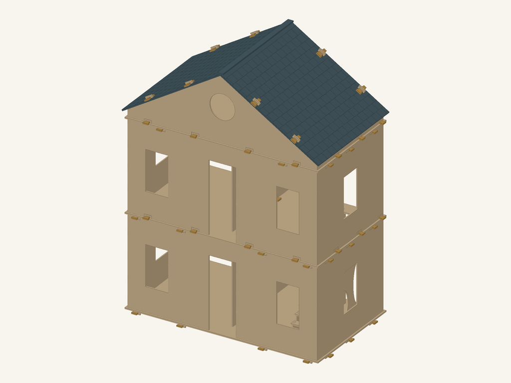 CAD preview of the Laurel House two-storey 1:12 dollhouse shell with roof and open window and door apertures.