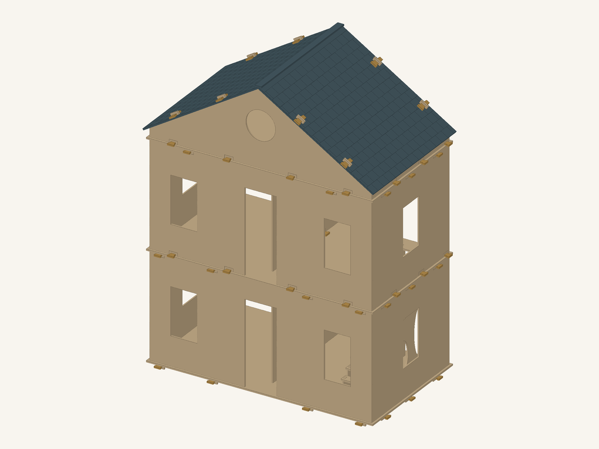 CAD preview of the Laurel House two-storey 1:12 dollhouse shell with roof and open window and door apertures.